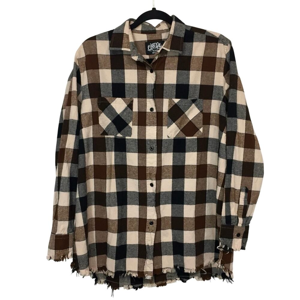 One24 Rags Frayed Hem Buffalo Plaid Button Up Shirt Medium Western Farmcore